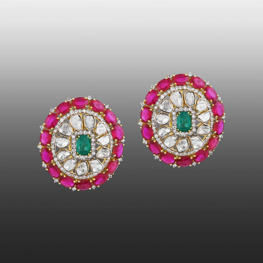 Round Earrings with Green and Red Colour Stone and Polki Diamonds